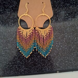 Elegant Beaded Hoop Earrings - Gold, Purple, and Blue